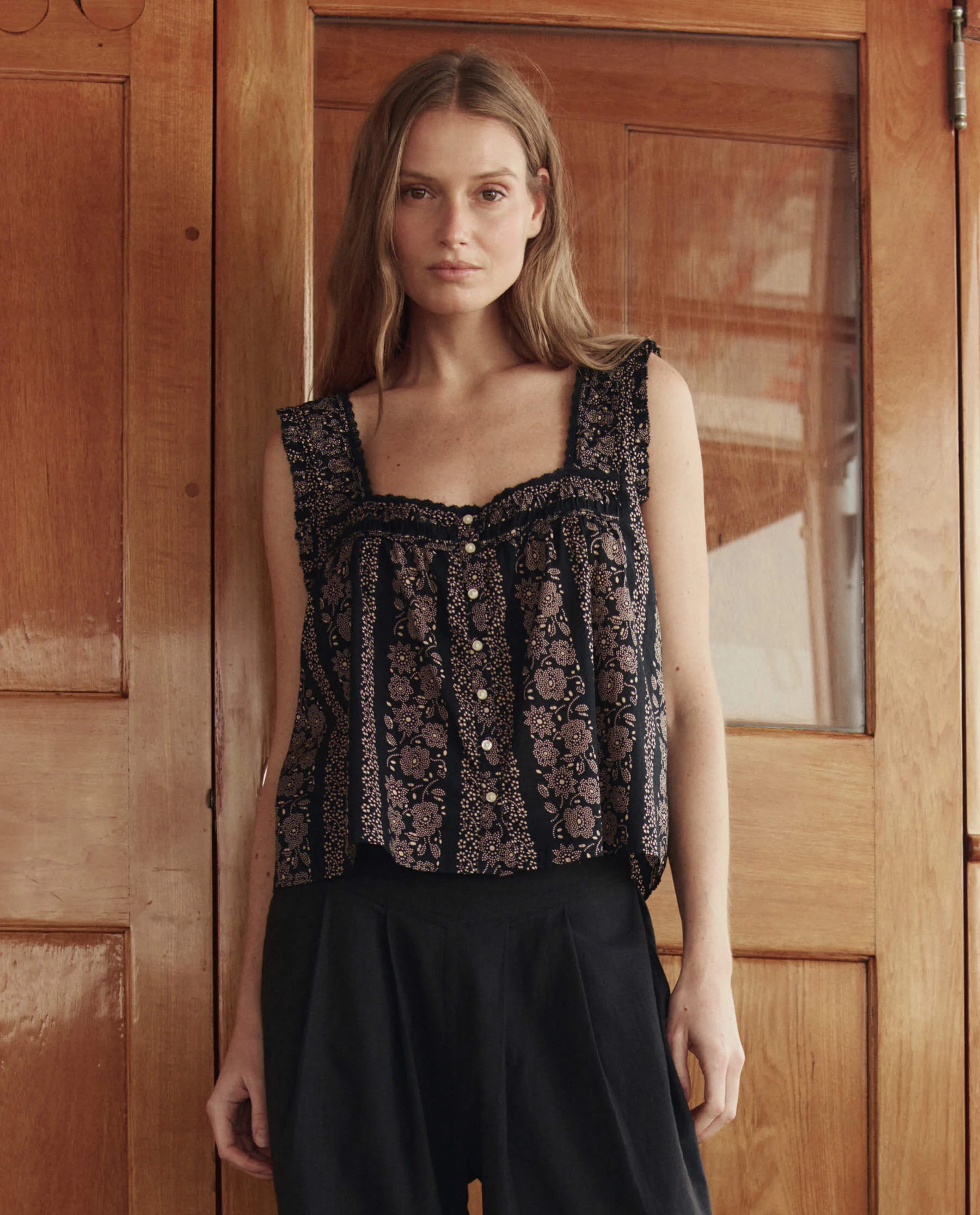 594-the-victorian-pleat-tank.-black-and-cream-token-floral-1.webp The Victorian Pleat Tank. -- Black And Cream Token Floral