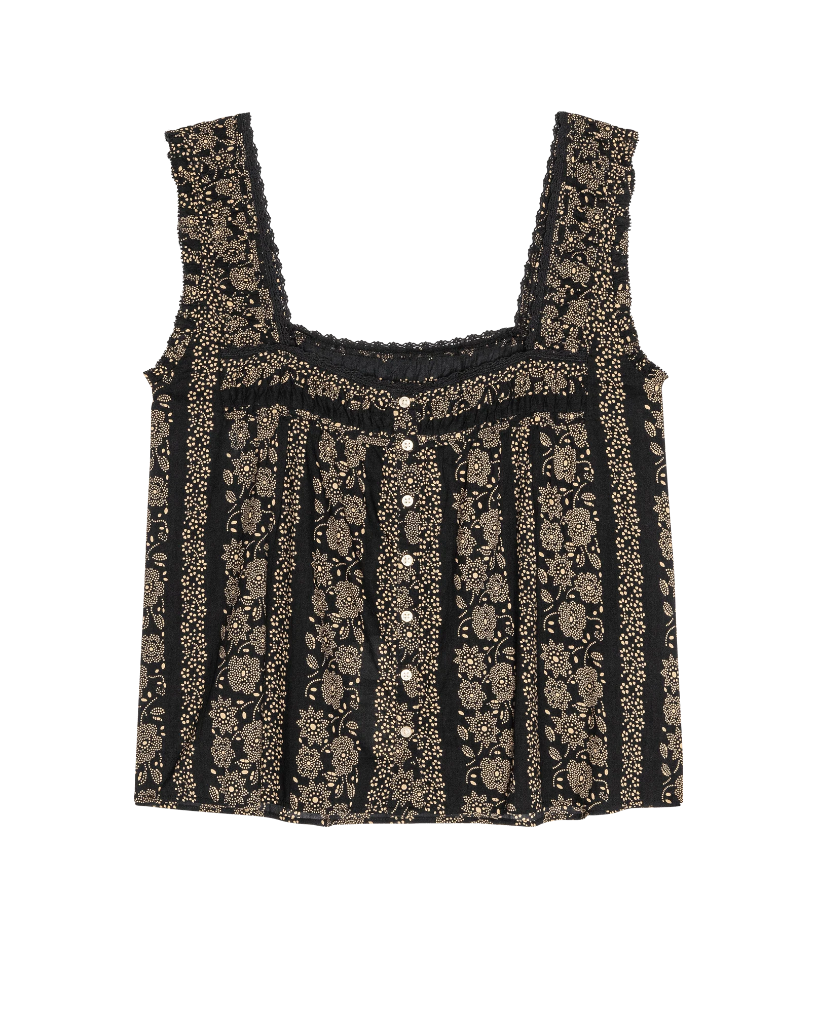The Victorian Pleat Tank. -- Black And Cream Token Floral
