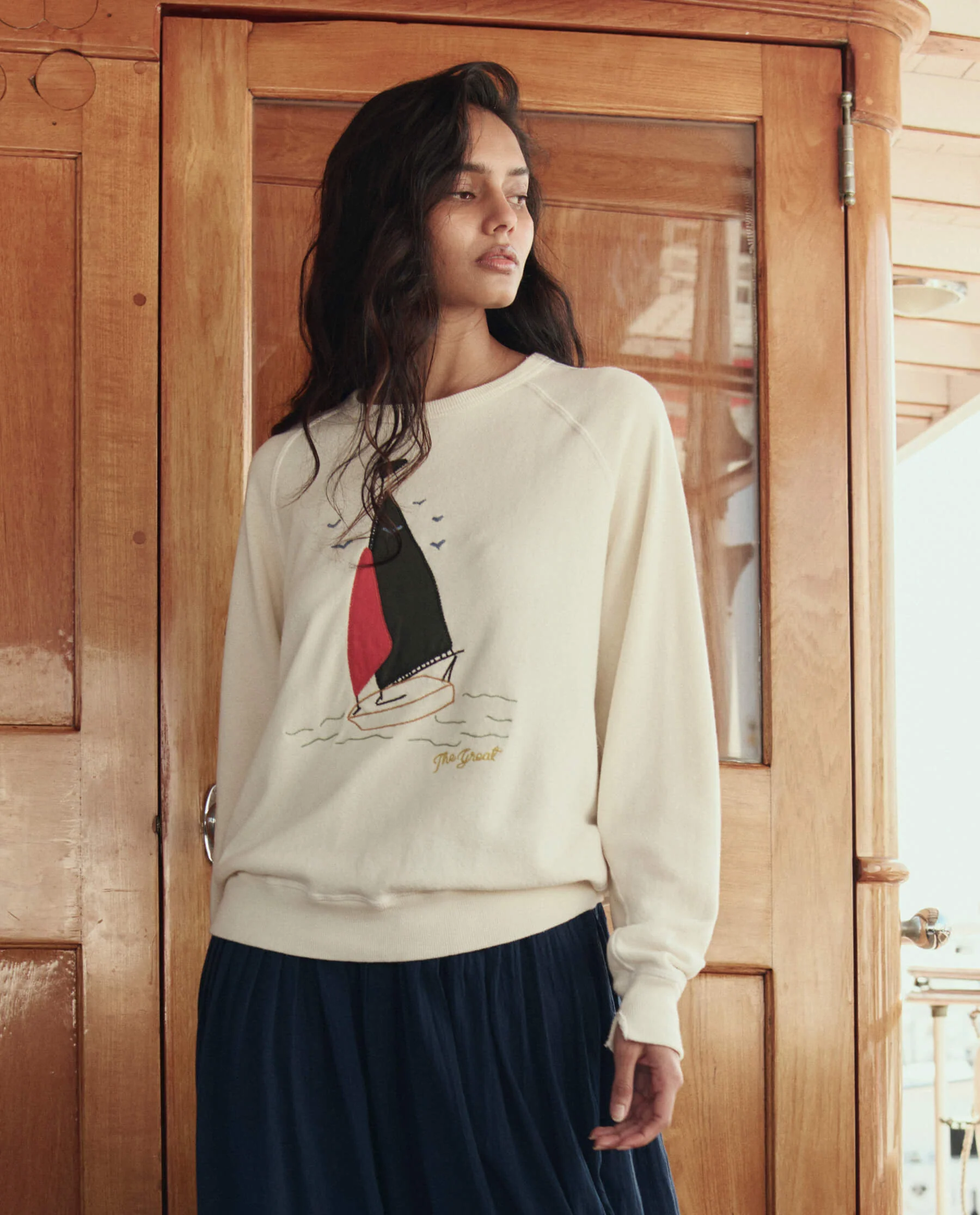 The College Sweatshirt w/ Sailing Boat Applique. -- Washed White