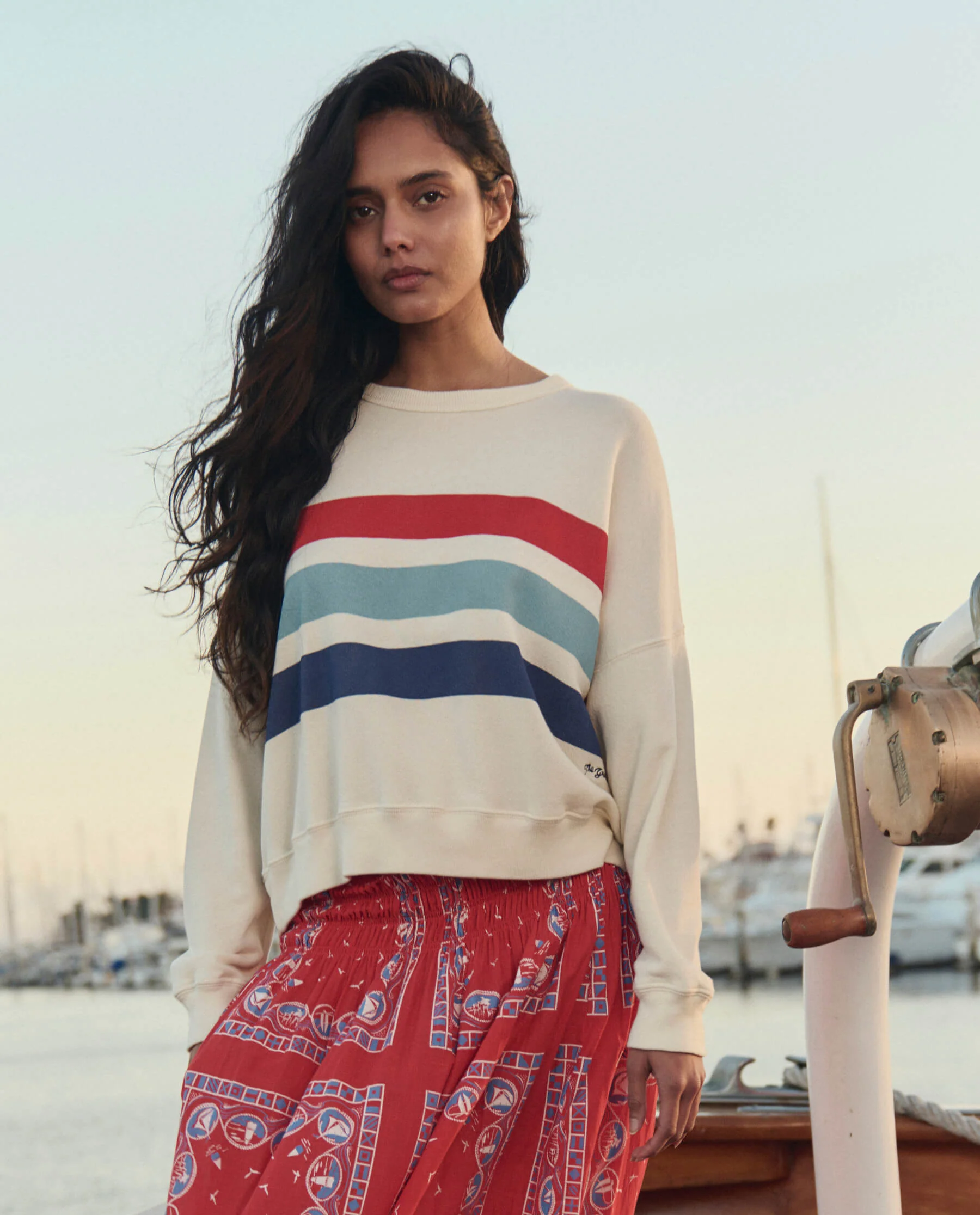 The Teammate Sweatshirt w/ Saltwater Stripe. -- Washed White