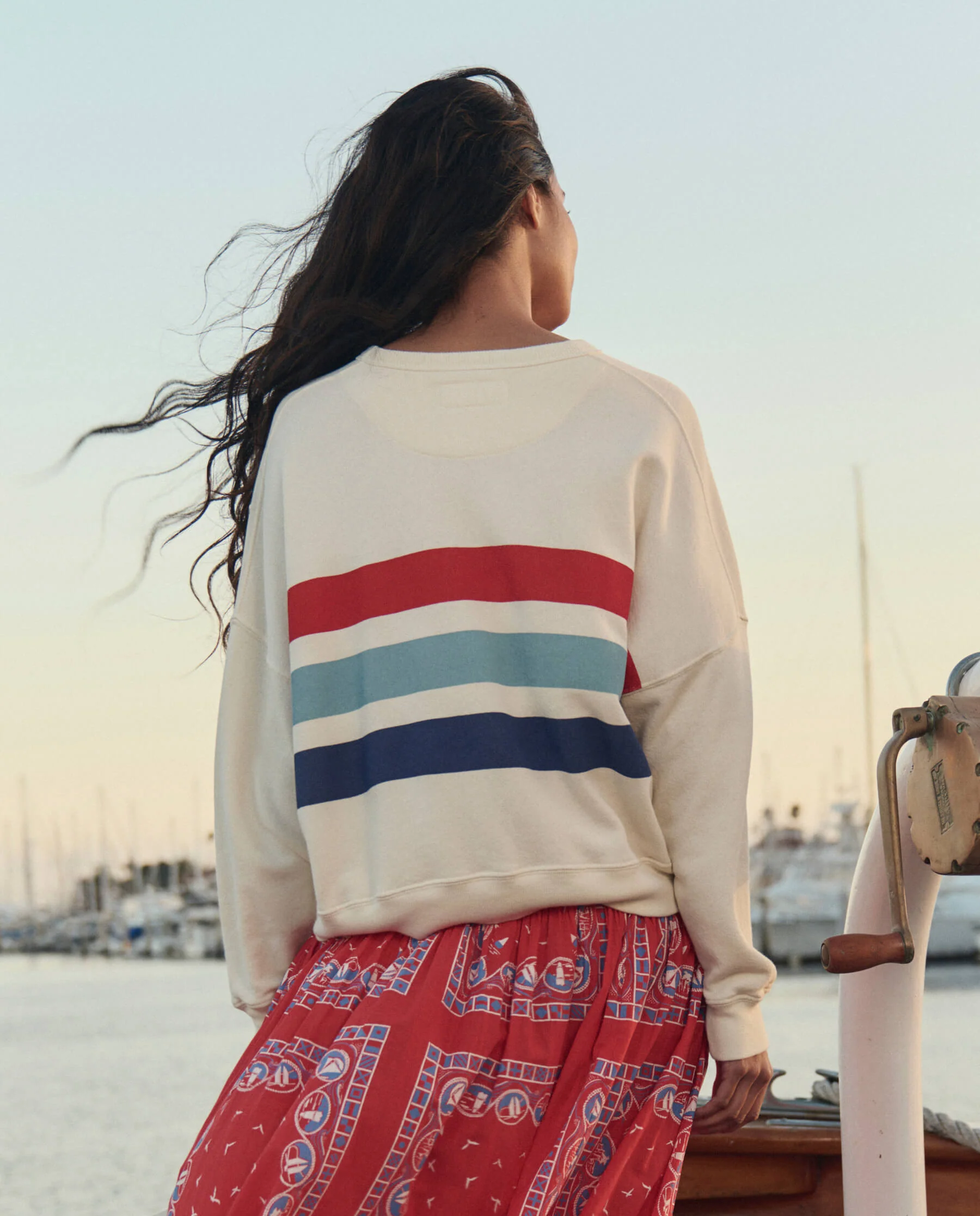 The Teammate Sweatshirt w/ Saltwater Stripe. -- Washed White