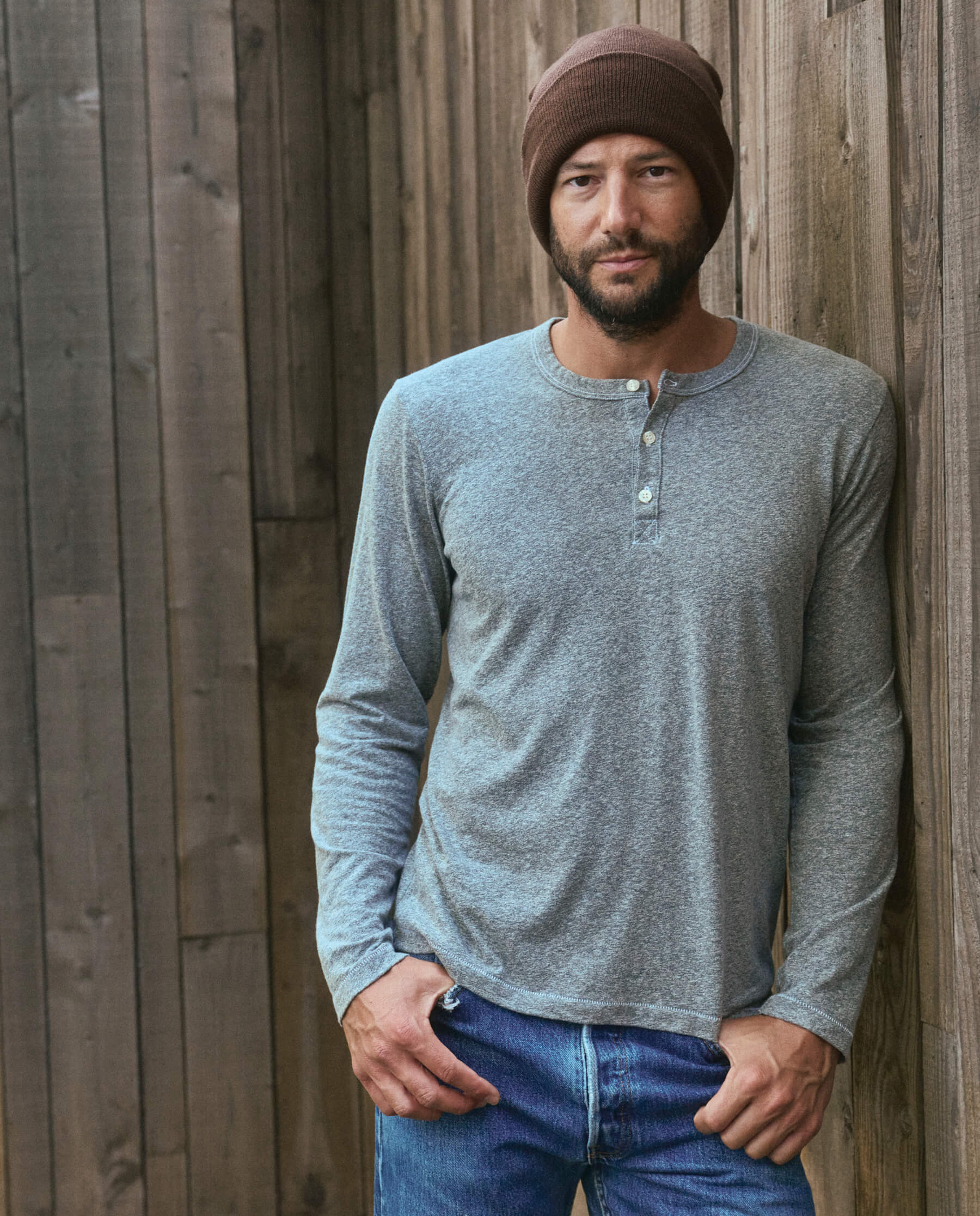 702-the-men-s-slim-henley.-heather-grey-1.jpg The Men's Slim Henley. -- Heather Grey