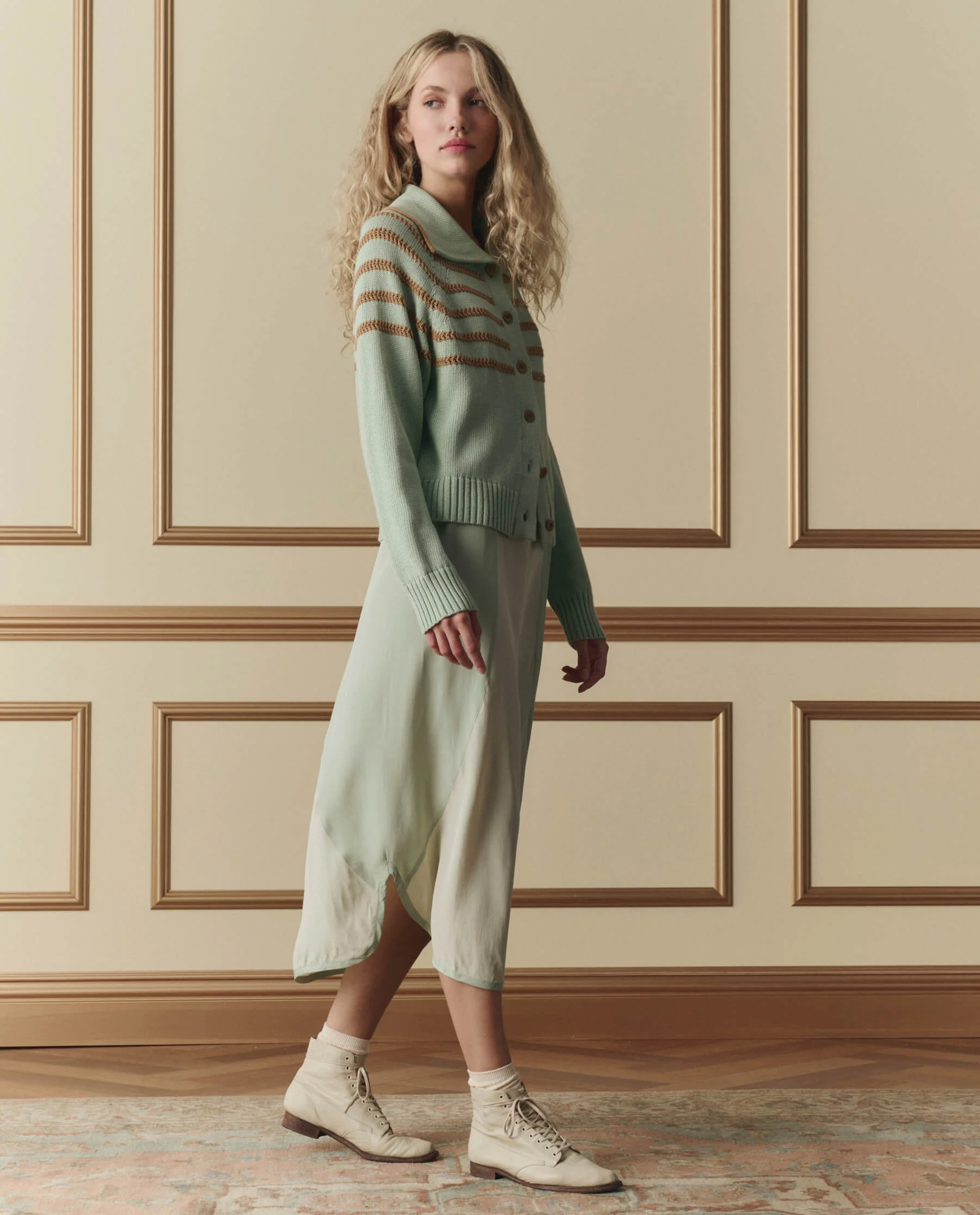 The Scholar Cardigan W/ Crochet Stripes. -- Seafoam