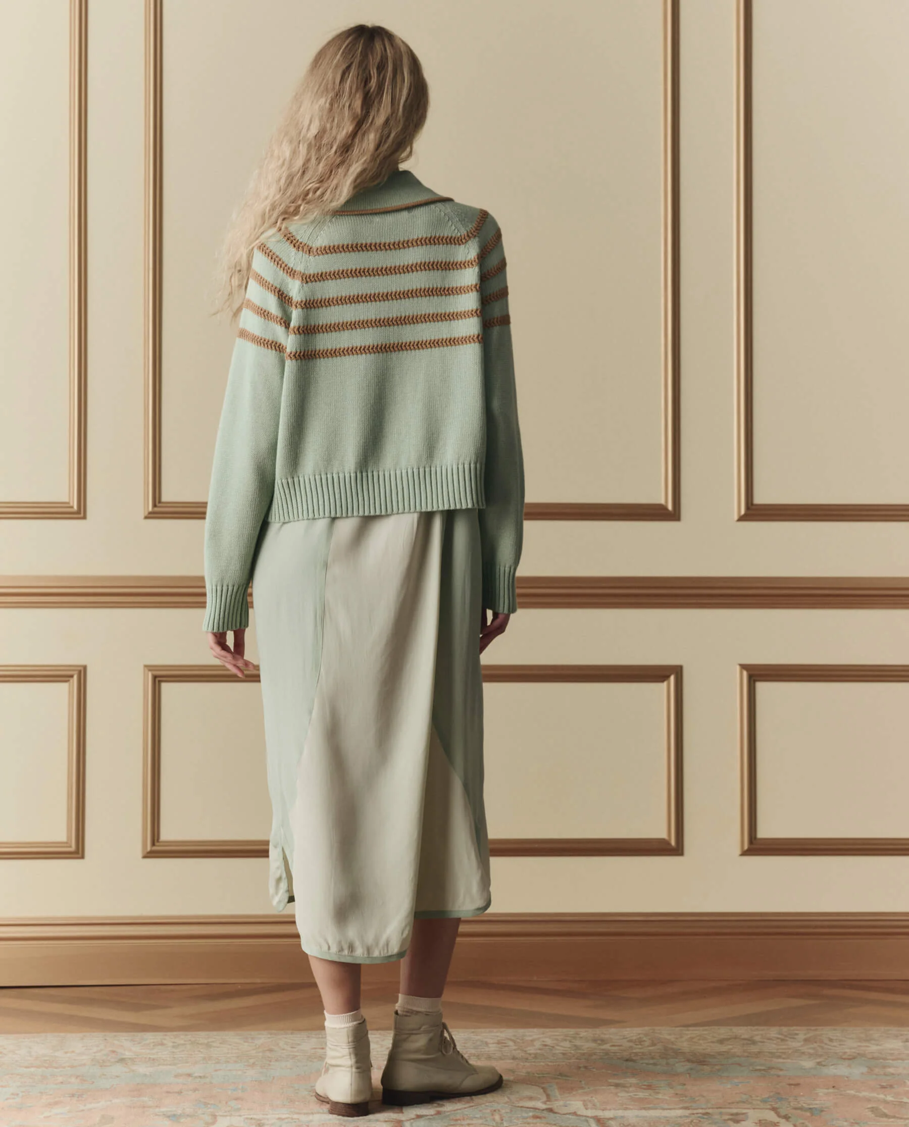 The Scholar Cardigan W/ Crochet Stripes. -- Seafoam
