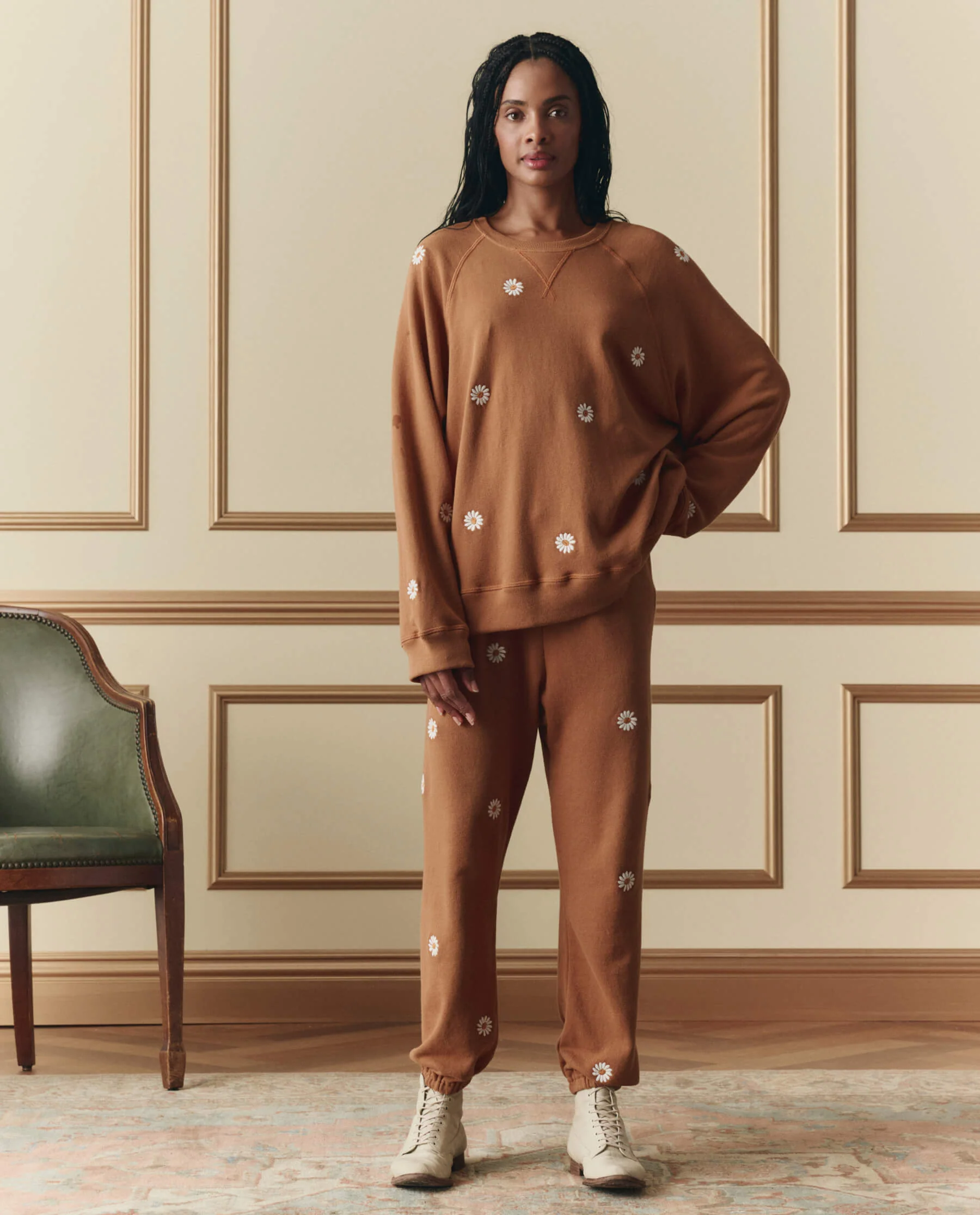 The Slouch Sweatshirt W/ Floating Daisy Embroidery. -- Suntan